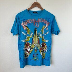 Christian Audigier Shirt Womens Large Aqua Blue Graphic Y2K Ed Hardy Shirt L